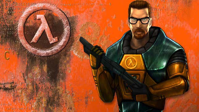 An image shows Gordon Freeman from Half-Life standing in front of an orange background.