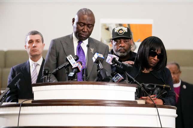 Civil rights attorney Ben Crump speaks at a news conference with the family of Tyre Nichols, who died after being beaten by Memphis police officers, as RowVaughn Wells, mother of Tyre, right, and Tyre’s stepfather Rodney Wells, along with attorney Tony Romanucci, left, also stand with Crump, in Memphis, Tenn., Monday, Jan. 23, 2023. 