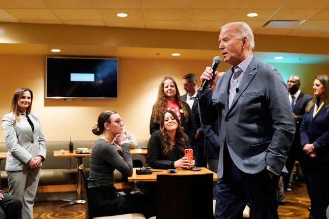 President Joe Biden meets with members of the Culinary Workers Union at Vdara Hotel in Las Vegas, Monday, Feb. 5, 2024. (AP Photo/Stephanie Scarbrough)