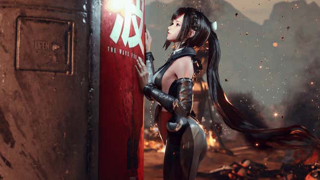 Stellar Blade protagonist eave leans against a metal structure. 