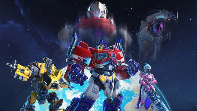 Reinhardt, Bastion, Illari et Ramatra dans leurs skins Transformers.