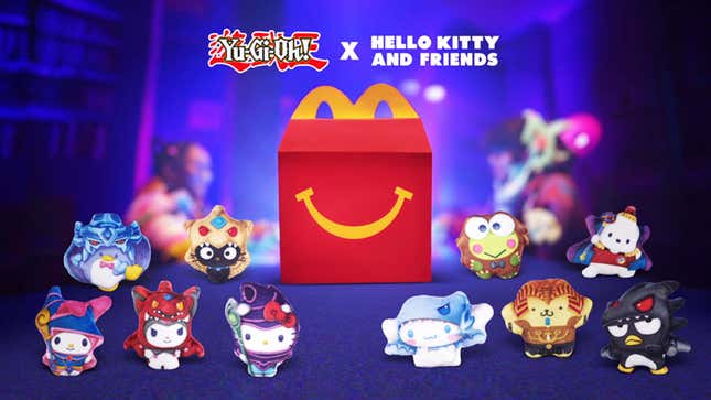 An image shows 10 new Happy Meal toys featuring Yu-Gi-Oh-themed Hello Kitty characters. 