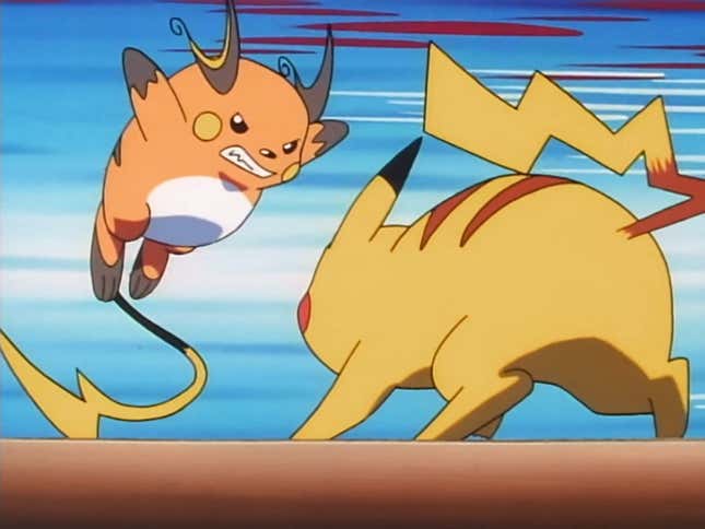 Raichu springt während eines Kampfes auf Pikachu zu.