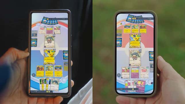 Two people hold smartphones in their hands to battle each other in the new digital collectible card game Pokémon Trading Card Game Pocket.