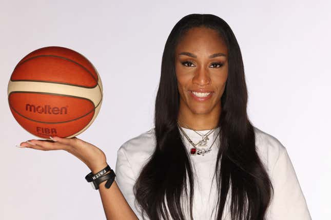 A’ja Wilson poses during the Team USA Paris 2024 Olympic Portrait Shoot at NBC Universal Studios Stage 16 on November 16, 2023 in Los Angeles, California.