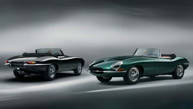 Two Jaguar E-Type convertibles, one black and one green