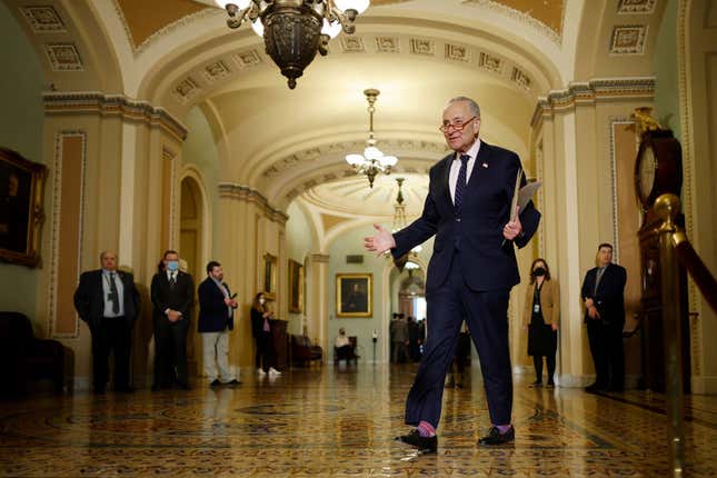 Senate Majority Leader Charles Schumer (D-NY) arrives for a news conference following the weekly Senate Democratic policy luncheon at the U.S. Capitol on March 29, 2022, in Washington, DC. 