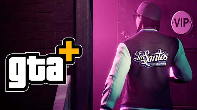 The GTA+ logo next to a woman entering a VIP section of a club in GTA Online. 