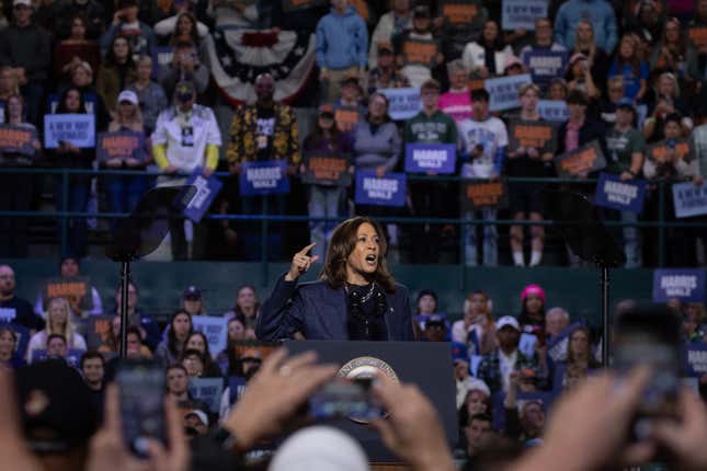 La candidate démocrate à la présidence, la vice-présidente américaine Kamala Harris, s’exprime lors d’un rassemblement de campagne le 3 novembre 2024 à Lansing, dans le Michigan.