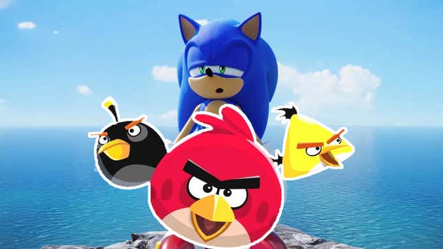 Sonic looks dazed and confused at some angry birds. 