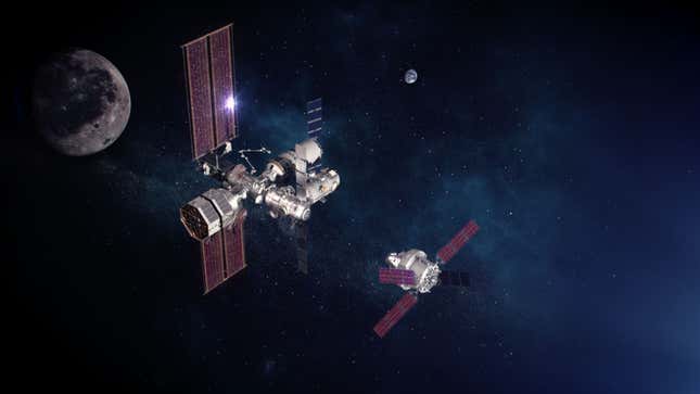 Conceptual view of Lunar Gateway (left) and the Orion spacecraft. 