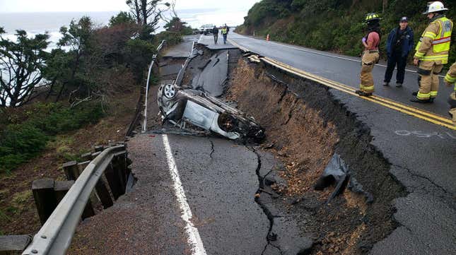 Image for article titled Driver Removes &#39;Road Closed&#39; Sign, Promptly Discovers Why The Road Was Closed