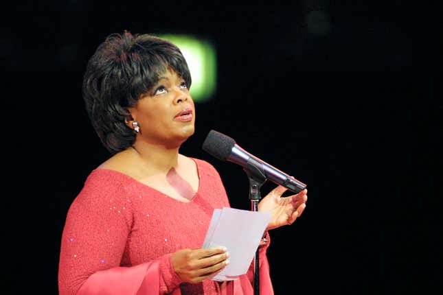 Oprah Winfrey performs at V day, a gala benefit of Eve Ensler’s The Vagina Monologues, at Madison Square Garden, in New York City on February 10, 2001.