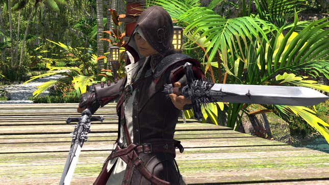 A player character holds two swords.