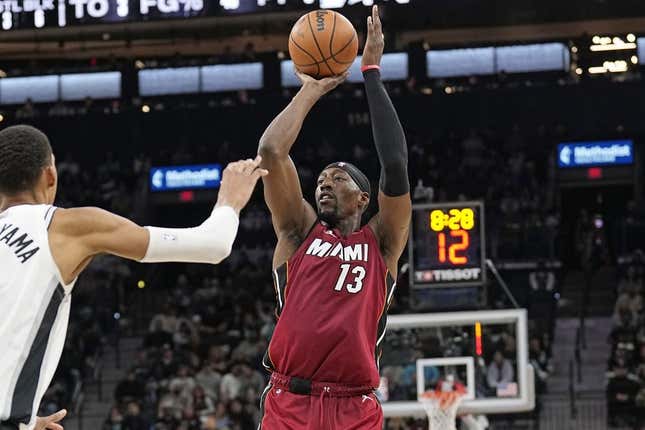 Nov 12, 2023; San Antonio, Texas, USA; Miami Heat center Bam Adebayo (13) shoots during the second half against the San Antonio Spurs at Frost Bank Center.