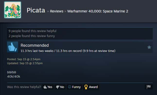 Image from an article titled Warhammer 40,000: Space Marine 2, as stated in a Steam review