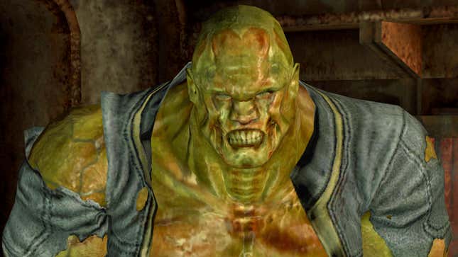 A screenshot shows a giant super mutant from Fallout 3. 