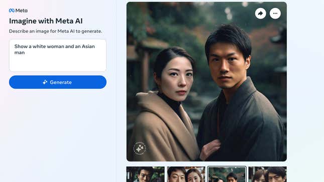 Image for article titled Meta's AI Image Generator Will Not Depict an Asian Man With a White Woman