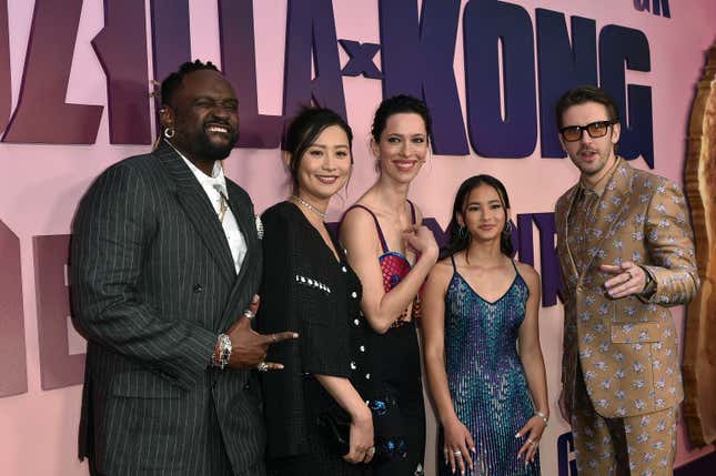 From left, Brian Tyree Henry, Fala Chen, Rebecca Hall, Kaylee Hottle and Dan Stevens arrive at the premiere of &quot;Godzilla x Kong: The New Empire&quot; on Monday, March 25, 2024, in Los Angeles. (Photo by Richard Shotwell/Invision/AP)