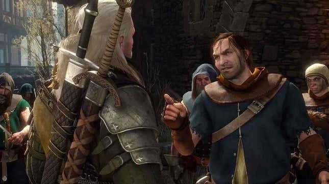 A villager points at Geralt of Rivia