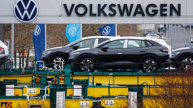 Various electric cars of the Volkswagen group at the company’s Zwickau plant on January 27, 2022 in Zwickau, Germany. Volkswagen is launching mass production of the ID.5. The car is the latest model in the ID electric car series lineup that includes the ID.3 and ID.4. (Photo by Jens Schlueter/Getty Images)