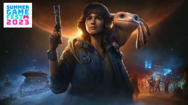 An image shows the main character from Outlaws with her pet and blaster. 