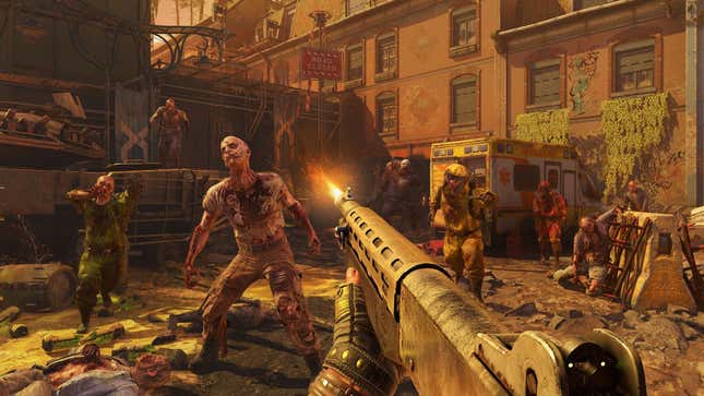 A screenshot of Dying Light 2 showing the character wiedling a rifle against a bunch of zombies.