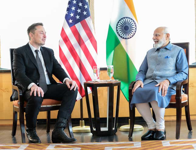 Elon Musk (left) said Tesla wants to invest in India “as soon as humanly possible” after meeting with Indian Prime Minister Narendra Modi in New York on June 20, 2023. 