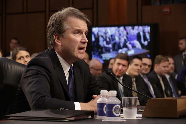 WASHINGTON, DC - SEPTEMBER 04: Supreme Court nominee Judge Brett Kavanaugh appears before the Senate Judiciary Committee during his Supreme Court confirmation hearing in the Hart Senate Office Building on Capitol Hill September 4, 2018 in Washington, DC. Kavanaugh was nominated by President Donald Trump to fill the vacancy on the court left by retiring Associate Justice Anthony Kennedy. (Photo by Chip Somodevilla/Getty Images)