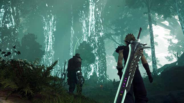 Cloud and Barret walk through a forest.