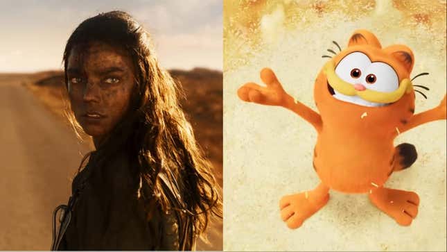 Left: Anya Taylor-Joy in Furiosa: A Mad Max Saga. Right: Garfield in The Garfield Movie (Screenshots: YouTube)