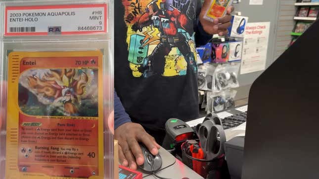 An Entei card is held up at a GameStop. 