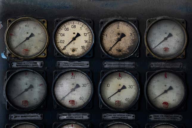 Oil pressure sensors show zero values after a Russian missile attack at DTEK&#39;s power plant in Ukraine, on Monday, April 1, 2024.Russia is attacking Ukraine’s energy sector with renewed intensity and alarming accuracy, signaling to Ukrainian officials that Russia is armed with better intelligence and fresh tactics in its campaign to annihilate the country’s power generation capacity. (AP Photo/Evgeniy Maloletka)