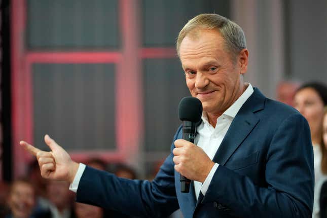 FILE - Donald Tusk, a former Polish prime minister addresses supporters at his party headquarters in Warsaw, Poland, Sunday, Oct. 15, 2023. Poland&#39;s voters delivered a clear verdict. After eight years of rule by an illiberal government, they have had enough. While the conservative ruling Law and Justice party won more votes than any other single party, it lost its majority in parliament and will not hold enough seats to govern the country. (AP Photo/Petr David Josek, File)