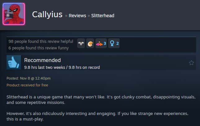 A screenshot shows a Steam user review for Slitterhead.