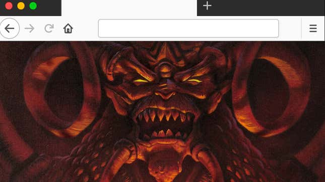 A screenshot shows a web browser with a demon face on it. 