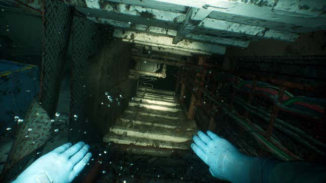 The protagonist swims through a cramped space.