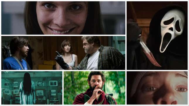 (Clockwise from top left:) Smile (Paramount), Scream (Paramount), The Blair Witch Project (screenshot), A Quiet Place (Paramount), The Ring (screenshot), 10 Cloverfield Lane (Michele K. Short )