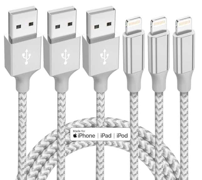 Image for article titled iPhone Charger 3 Pack 10 ft Apple MFi Certified Lightning Nylon Braided Cable Fast Charging Cord Compatible with iPhone 13 12 11 Pro Max XR XS X 8 7 6 Plus SE iPad and More, Now 30% Off