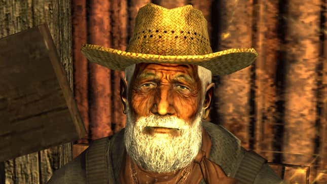 A screenshot shows an old man in a cowboy hat in New Vegas. 