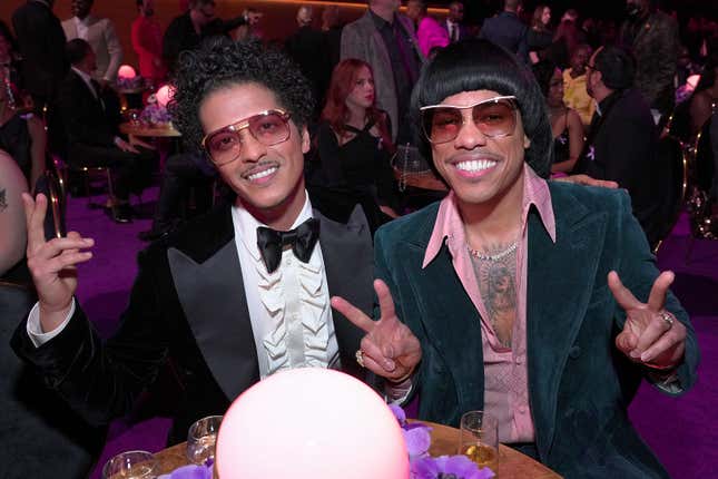  Bruno Mars, left and Anderson .Paak of Silk Sonic attend the 64th Annual GRAMMY Awards at MGM Grand Garden Arena on April 03, 2022 in Las Vegas, Nevada.