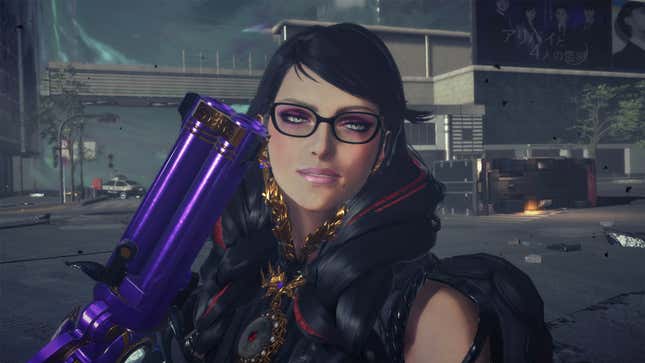 A promotional screenshot of Bayonetta 3. The titular Bayonetta is holding a gun and looking towards the camera.