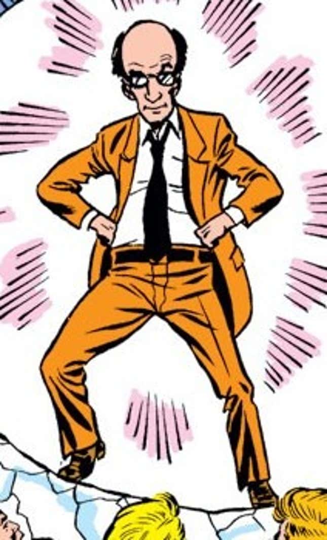 Locus stands in an orange suit.