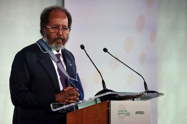 Somali President Hassan Sheikh Mohamud attends the Global Food Security Summit in London, Monday, Nov. 20, 2023. The summit, hosted by the UK in partnership with the UAE, Somalia, the Bill &amp; Melinda Gates Foundation and the Children&#39;s Investment Fund, aims to galvanise action to tackle hunger and malnutrition. (Dan Kitwood/PA via AP)