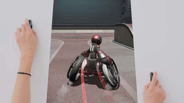 A wheelchair basketballer between two human arms holding Joy Cons.