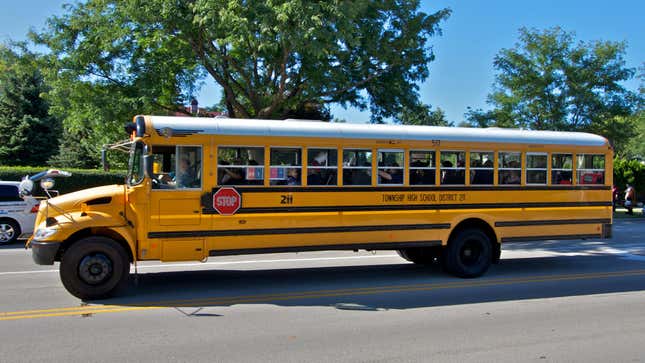 Side view of an IC CE school bus in Schaumburg, Illinois.