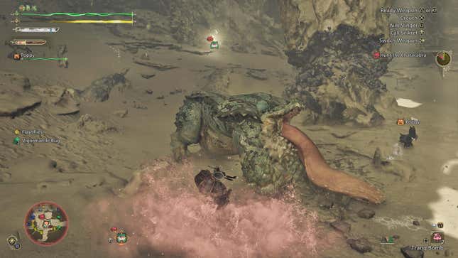 El humo rosado de una bomba tranquilizante rodea al cazador y a un Chatacabra.
