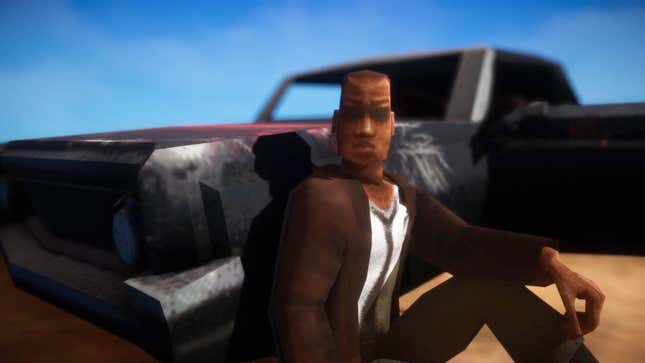 El Paso, Elsewhere protagonist James Savage sits against his jalopy, which is parked in the middle of nowhere.