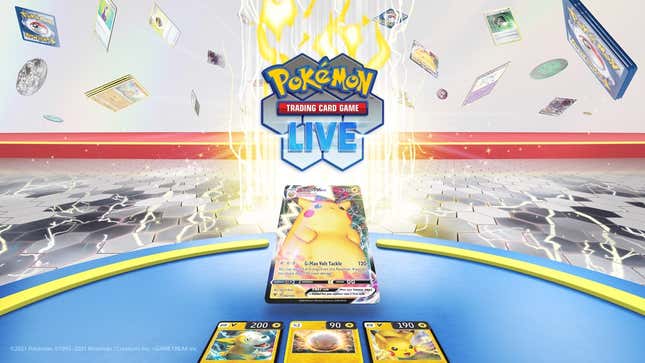 A promotional image for Pokémon TCG Live showing a full-art Pikachu card as well as other Pokémon cards raining from the sky. 