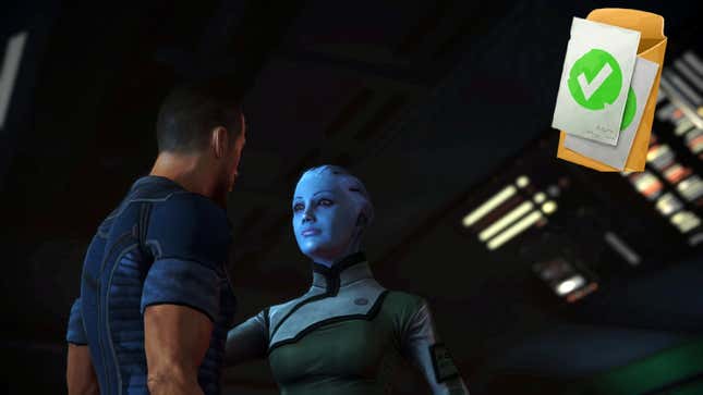 Le commandant Shepard et Liara s’embrassent tandis que le symbole Fortnite Daily apparaît dans le coin.